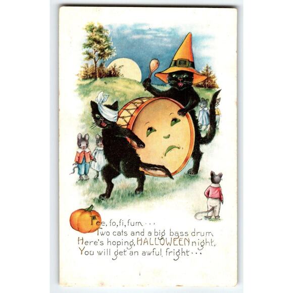 Halloween Postcard Whitney Black Cats Band Mice Anthropomorphic Drum Fantasy - Picture 1 of 2